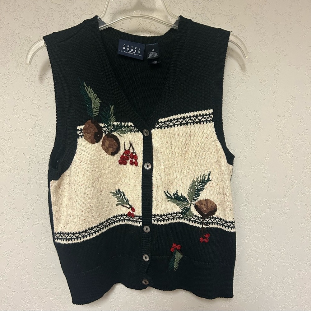 Vintage Christmas Crazy Horse Vest Womens M Granny Cottagecore Winter Holiday